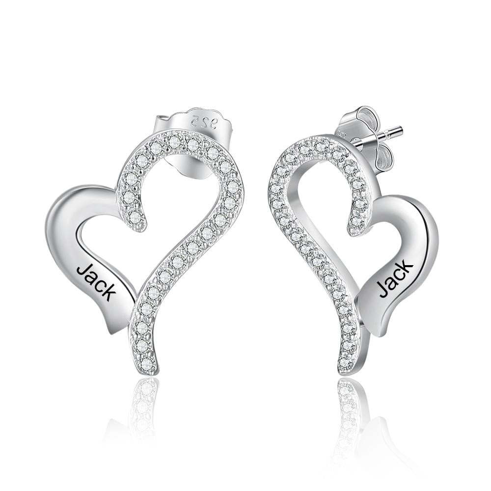 Customized Elegant Heart Name Engraved with Cubic Zirconia Elegant Heart Stud Earrings-Personalized Jewels