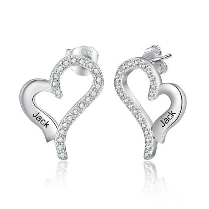 Customized Elegant Heart Name Engraved with Cubic Zirconia Elegant Heart Stud Earrings-Personalized Jewels