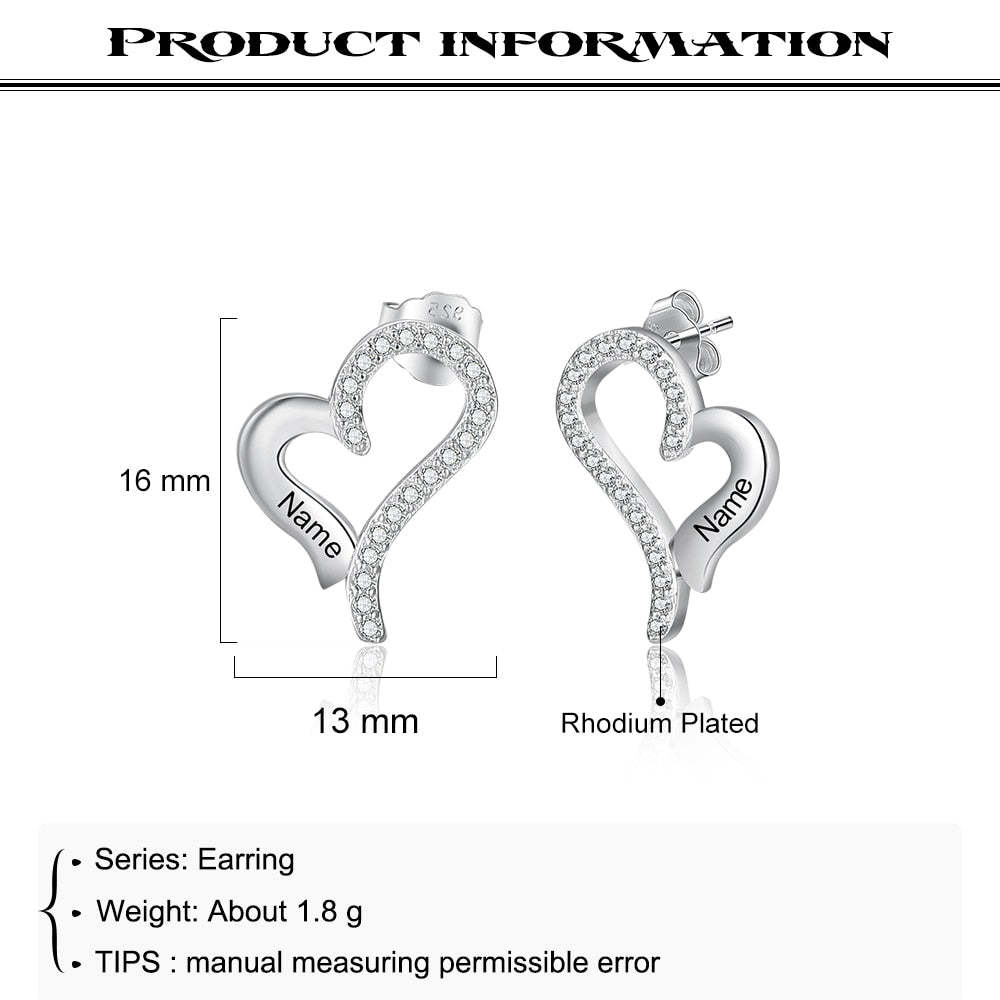 Customized Elegant Heart Name Engraved with Cubic Zirconia Elegant Heart Stud Earrings-Personalized Jewels