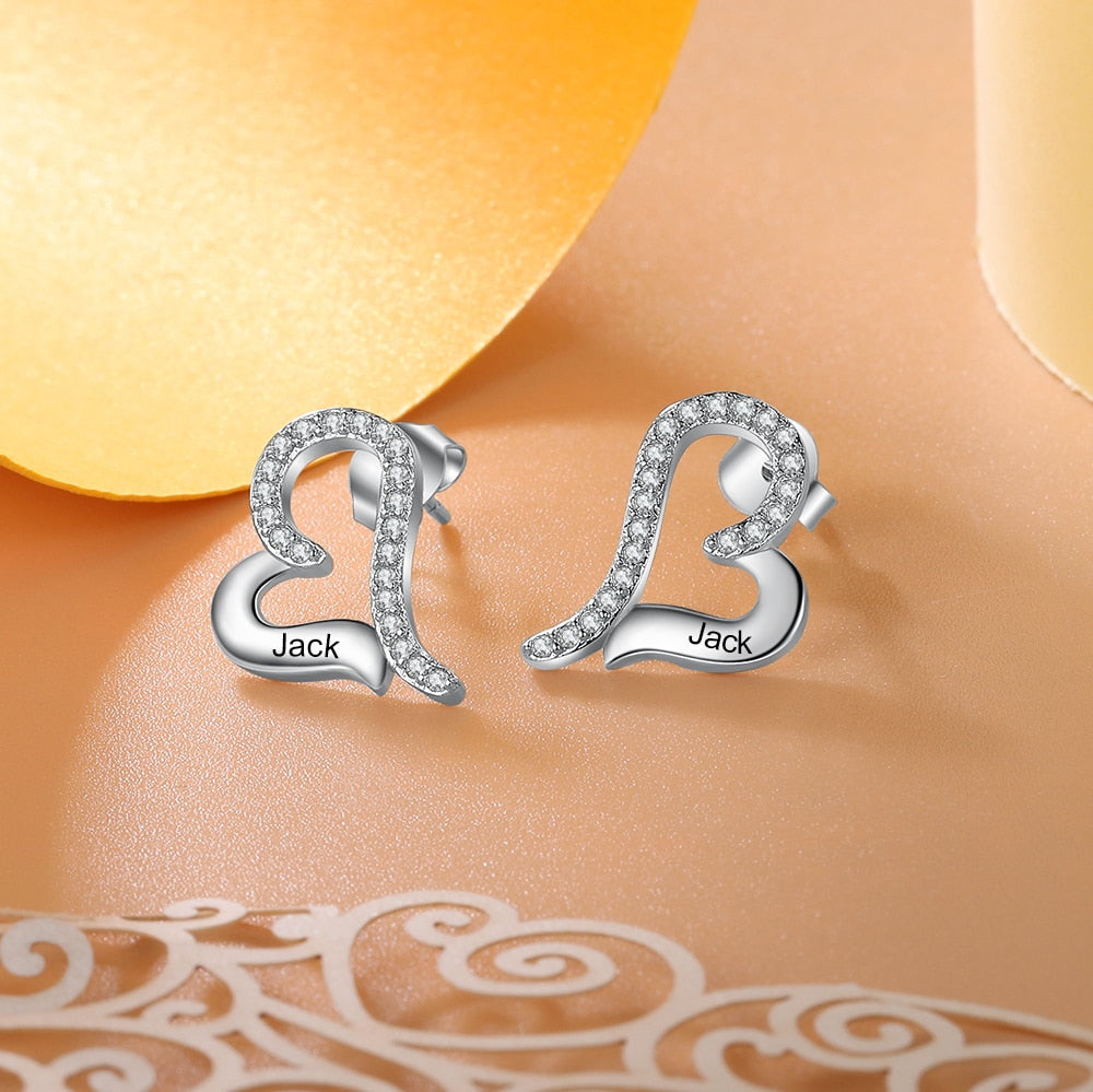 Customized Elegant Heart Name Engraved with Cubic Zirconia Elegant Heart Stud Earrings-Personalized Jewels