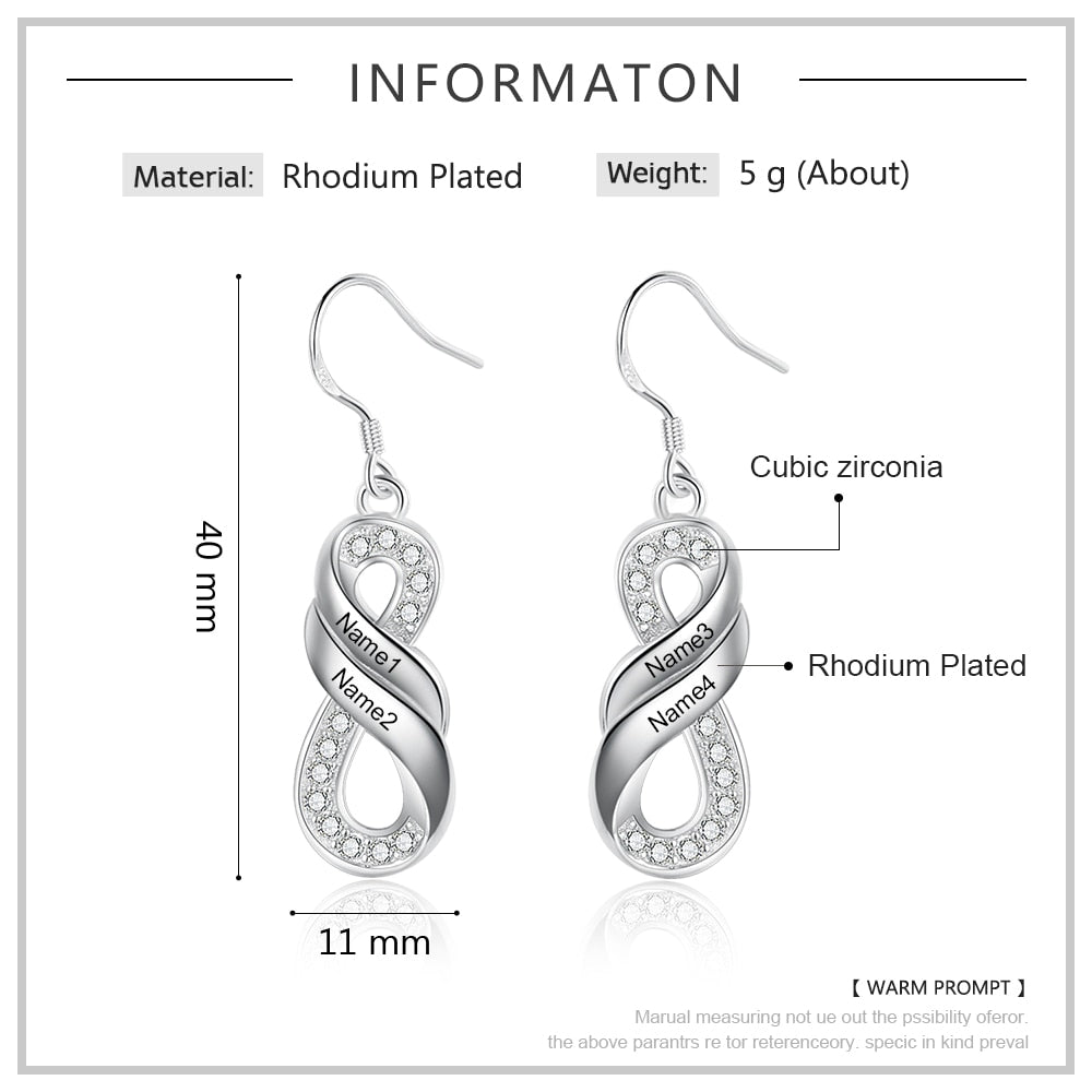 Customized Elegant Engraved Family Names Infinity Drop Earrings-Personalized Jewels