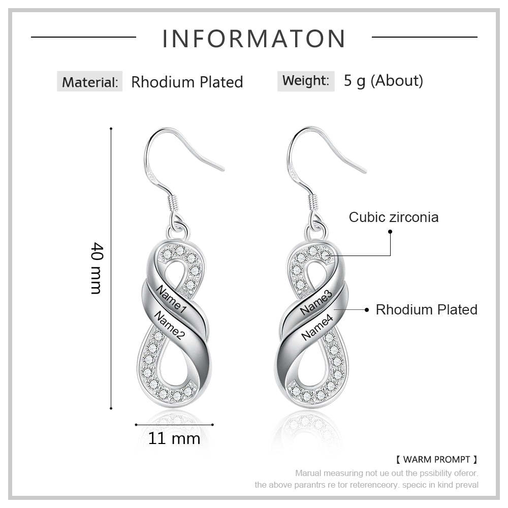 Customized Elegant Engraved Family Names Infinity Drop Earrings-Personalized Jewels