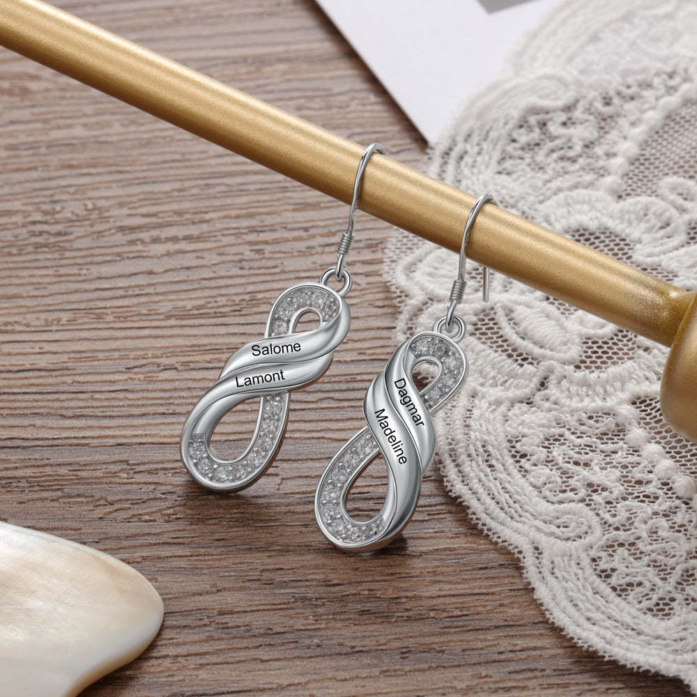 Customized Elegant Engraved Family Names Infinity Drop Earrings-Personalized Jewels
