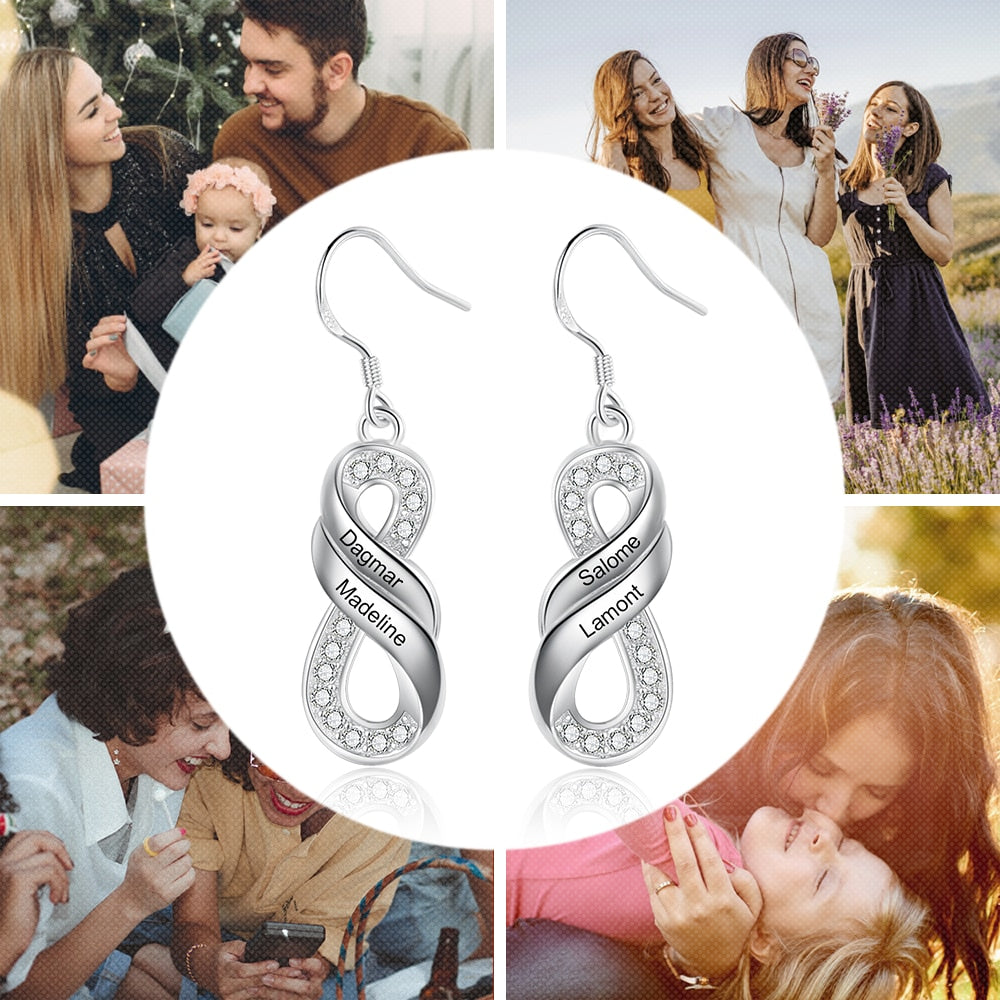 Customized Elegant Engraved Family Names Infinity Drop Earrings-Personalized Jewels