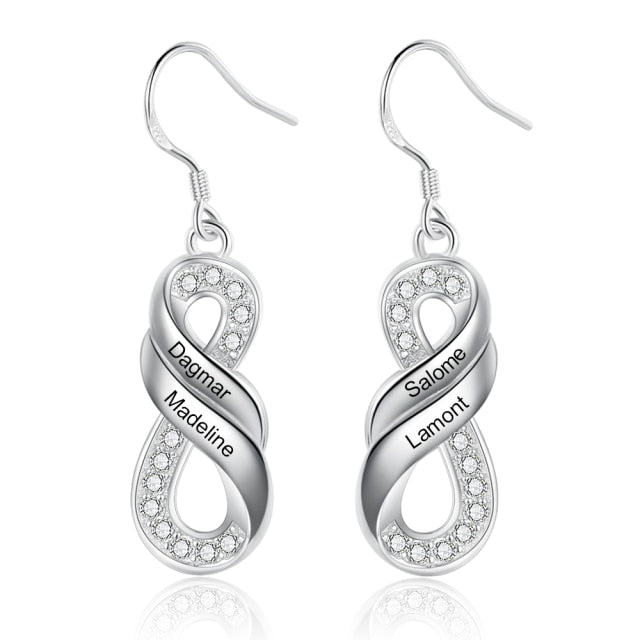 Customized Elegant Engraved Family Names Infinity Drop Earrings-Personalized Jewels