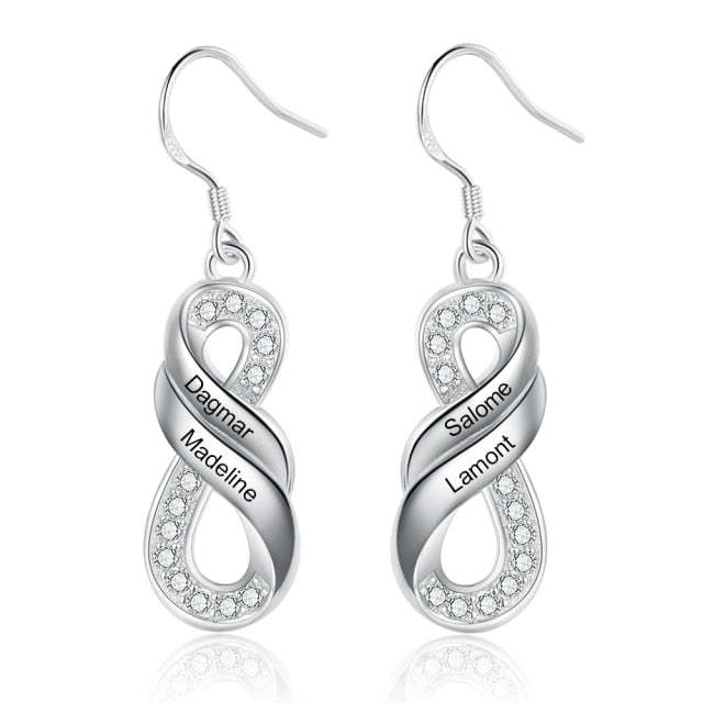Customized Elegant Engraved Family Names Infinity Drop Earrings-Personalized Jewels