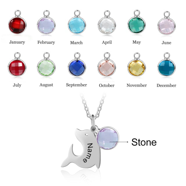Customized Birthstone Dolphin Engraving Name Children Pendant Necklace-Personalized Jewels