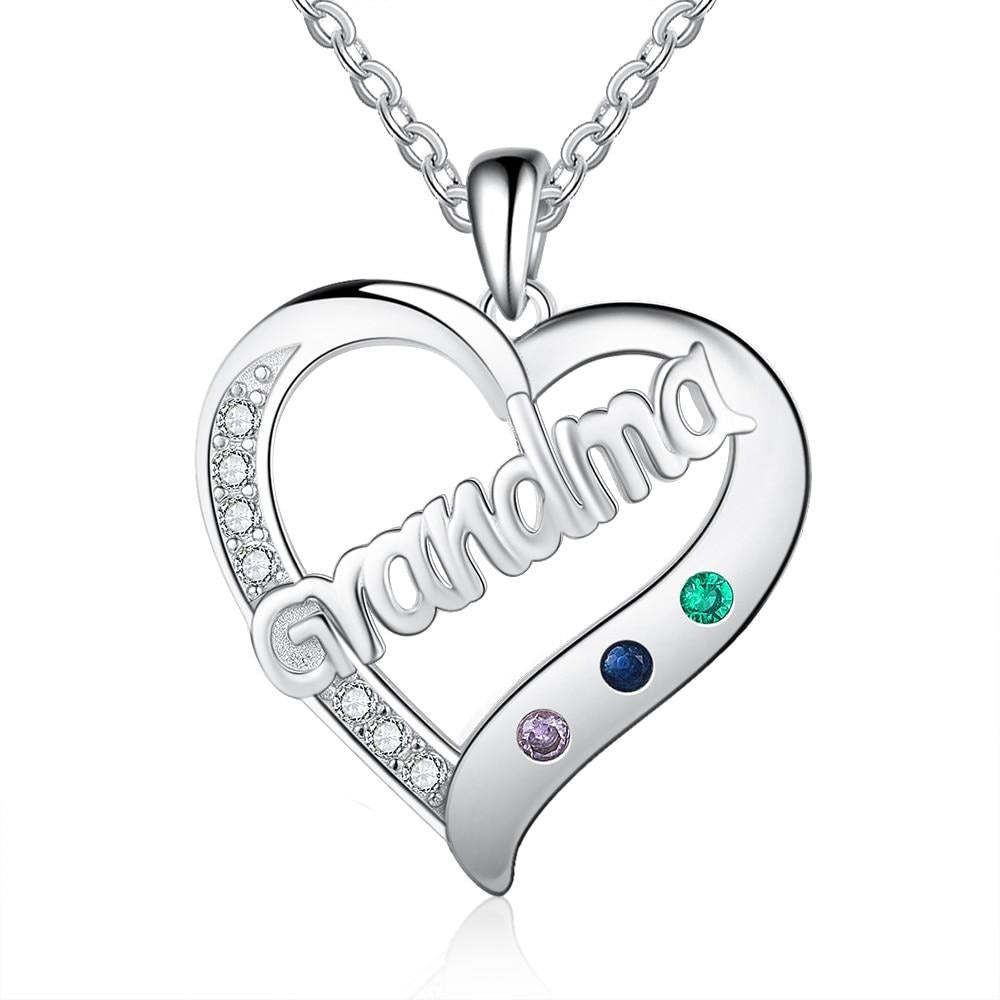 Personalized Grandma Heart 3 Custom Birthstones Pendant Necklace for Grandma-Personalized Jewels