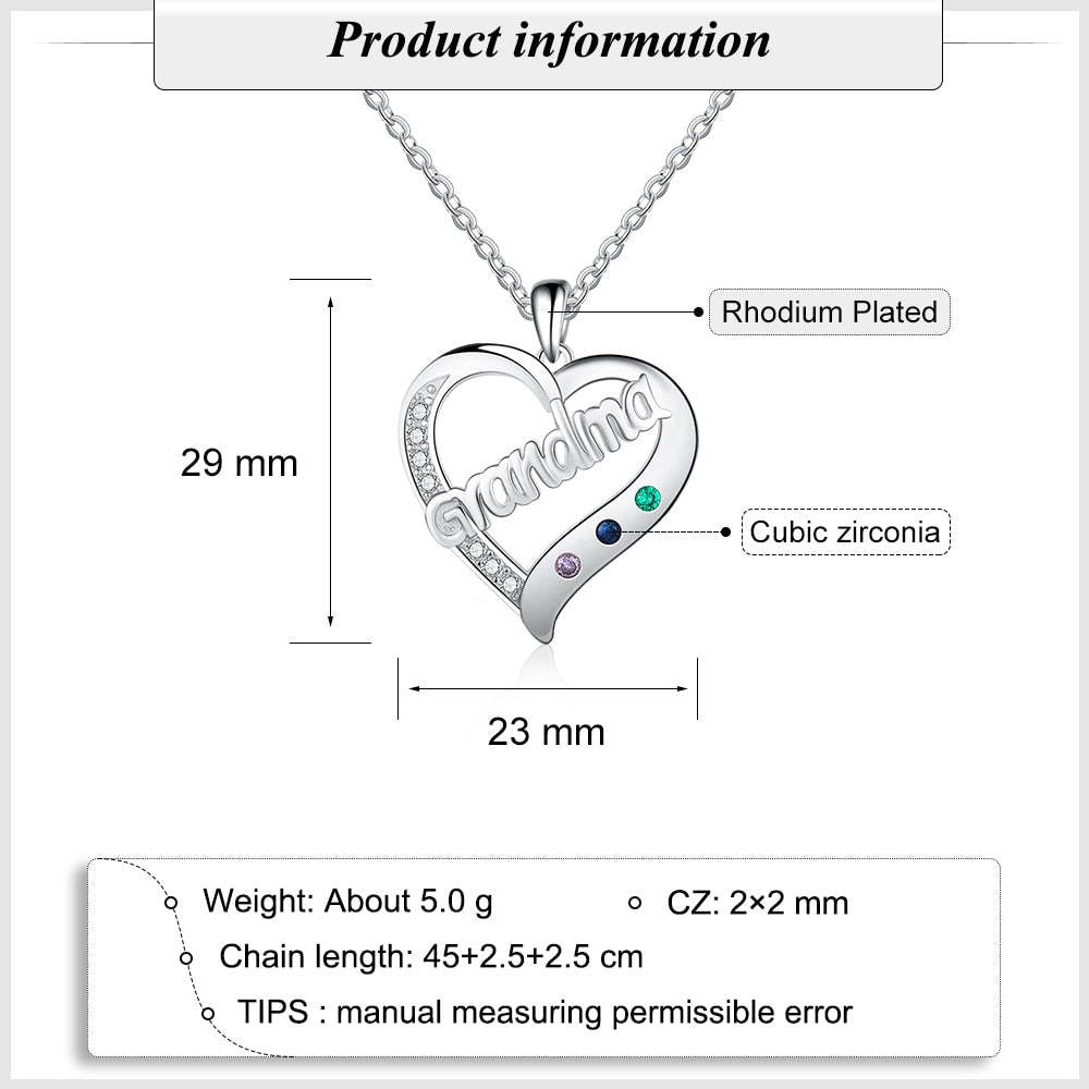 Personalized Grandma Heart 3 Custom Birthstones Pendant Necklace for Grandma-Personalized Jewels