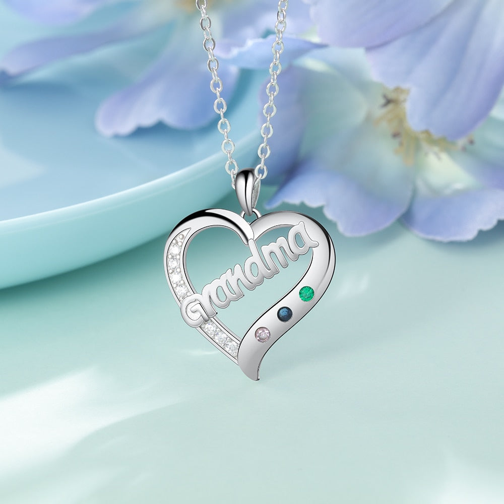 Personalized Grandma Heart 3 Custom Birthstones Pendant Necklace for Grandma-Personalized Jewels