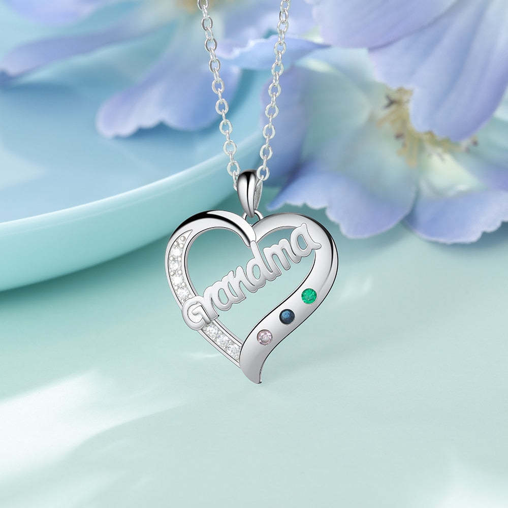 Personalized Grandma Heart 3 Custom Birthstones Pendant Necklace for Grandma-Personalized Jewels