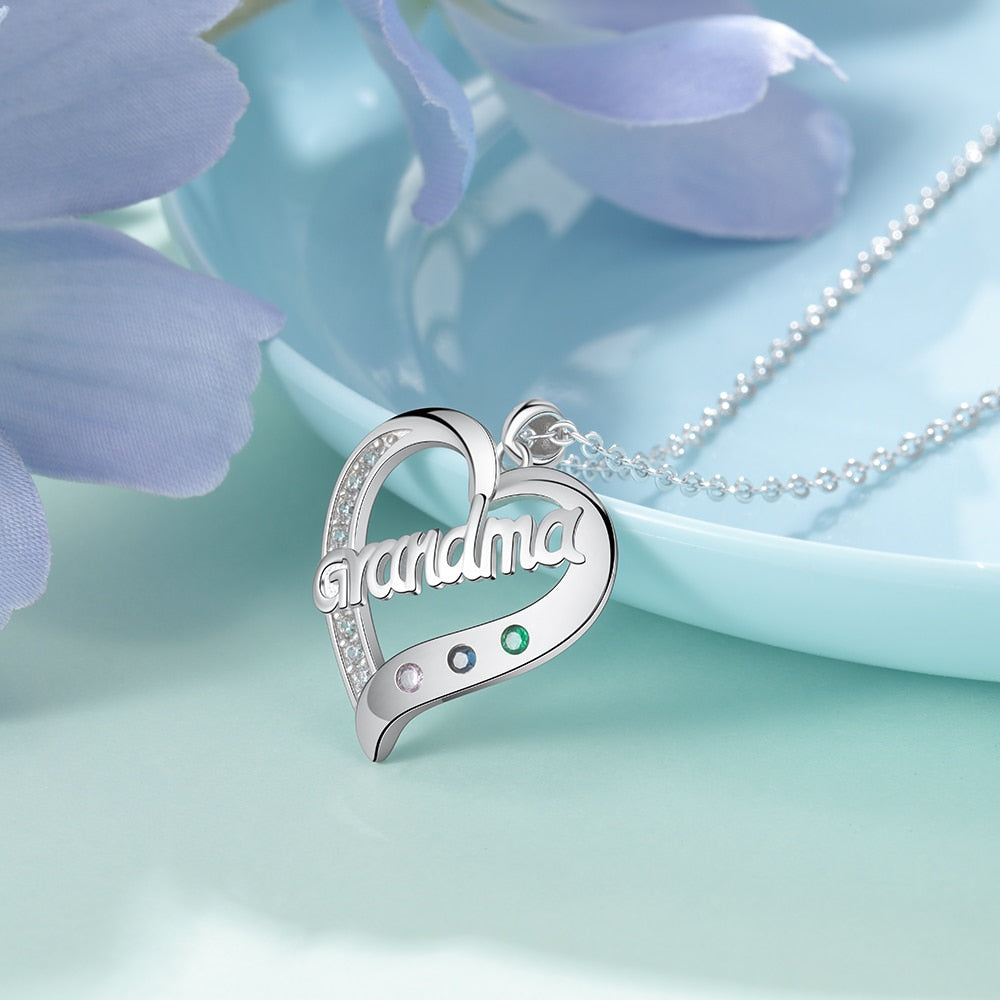 Personalized Grandma Heart 3 Custom Birthstones Pendant Necklace for Grandma-Personalized Jewels