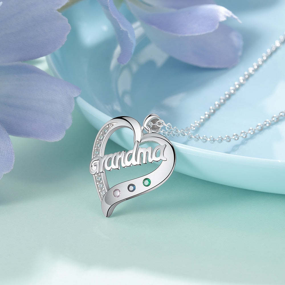 Personalized Grandma Heart 3 Custom Birthstones Pendant Necklace for Grandma-Personalized Jewels