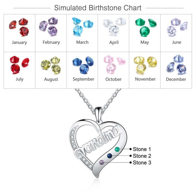 Personalized Grandma Heart 3 Custom Birthstones Pendant Necklace for Grandma-Personalized Jewels