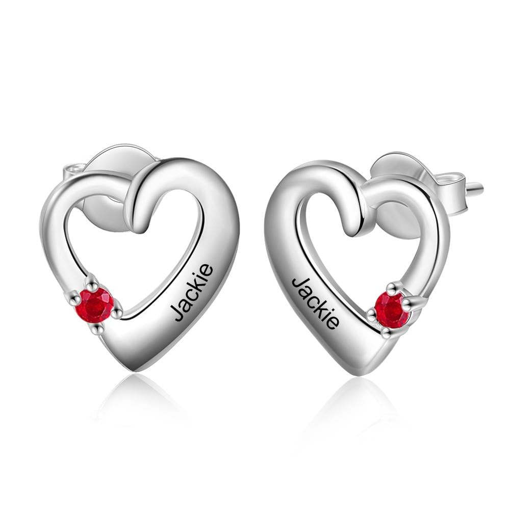 Personalized Name Engraved Heart with Birthstone Handmade Stud Earrings-Personalized Jewels