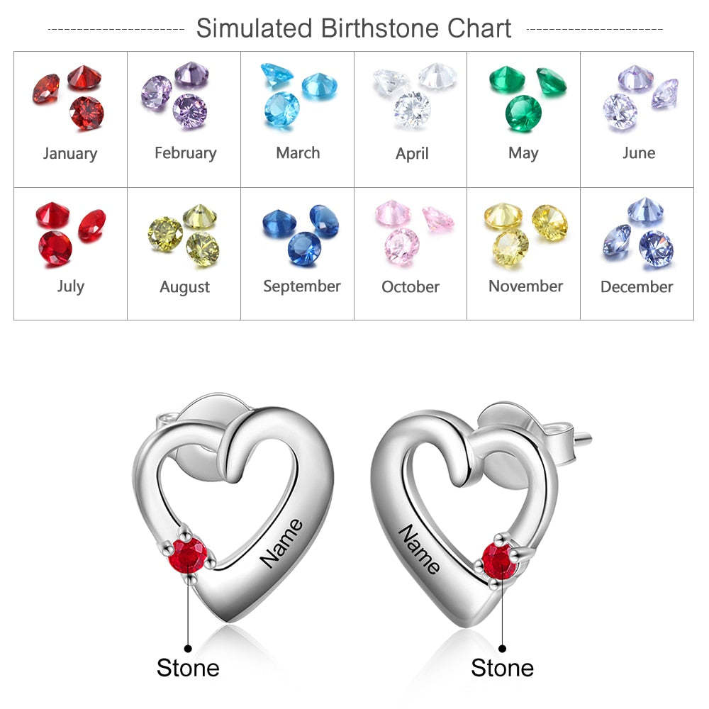 Personalized Name Engraved Heart with Birthstone Handmade Stud Earrings-Personalized Jewels