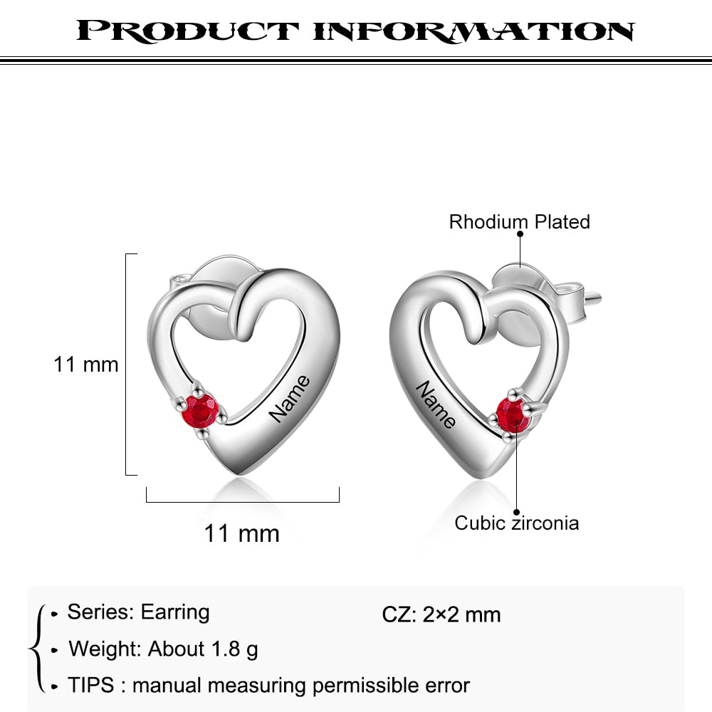 Personalized Name Engraved Heart with Birthstone Handmade Stud Earrings-Personalized Jewels