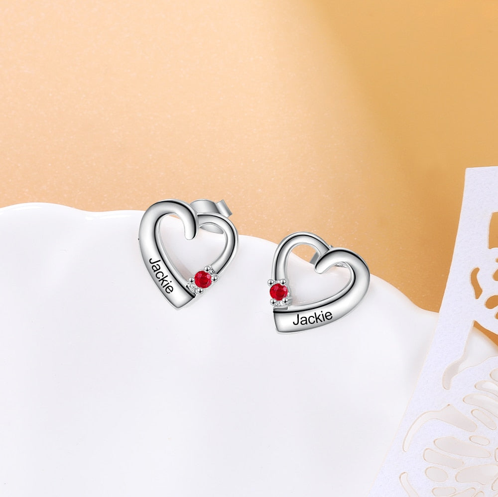Personalized Name Engraved Heart with Birthstone Handmade Stud Earrings-Personalized Jewels