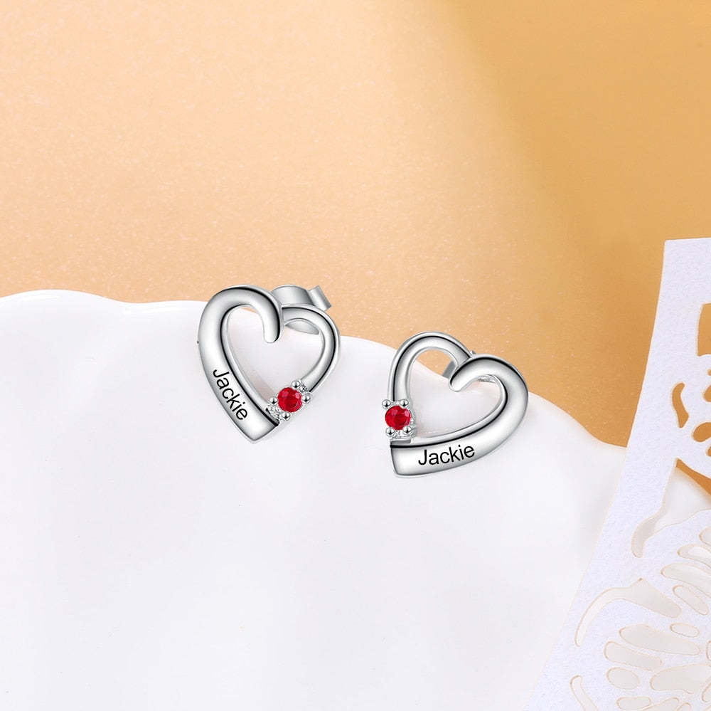Personalized Name Engraved Heart with Birthstone Handmade Stud Earrings-Personalized Jewels