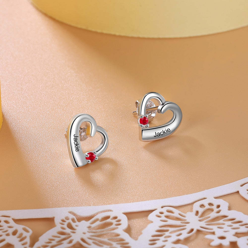 Personalized Name Engraved Heart with Birthstone Handmade Stud Earrings-Personalized Jewels