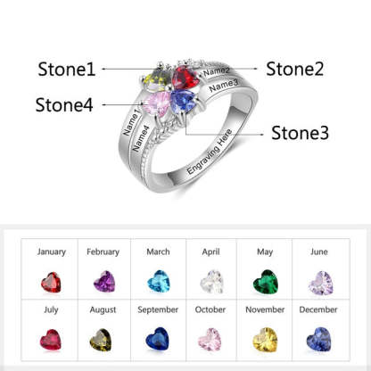 Customized Family Names Mother's Ring with 4 Heart Birthstones-Personalized Jewels