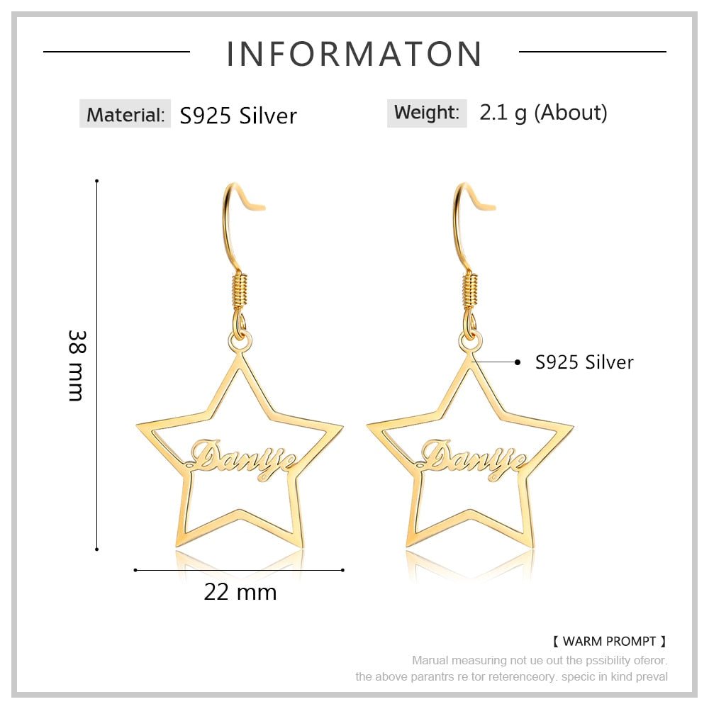 925 Sterling Silver Personalized Name Star Drop Dangle Earrings-Personalized Jewels