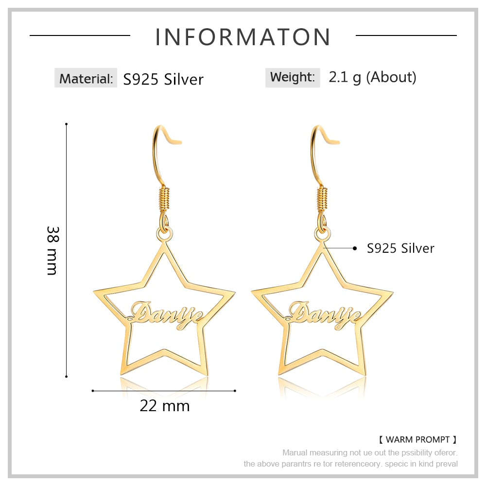 925 Sterling Silver Personalized Name Star Drop Dangle Earrings-Personalized Jewels
