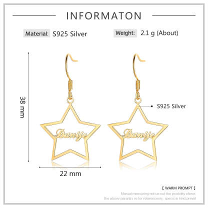 925 Sterling Silver Personalized Name Star Drop Dangle Earrings-Personalized Jewels