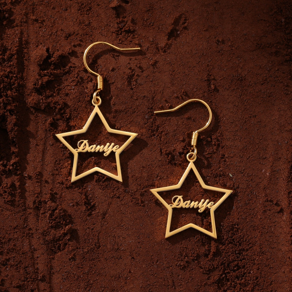 925 Sterling Silver Personalized Name Star Drop Dangle Earrings-Personalized Jewels