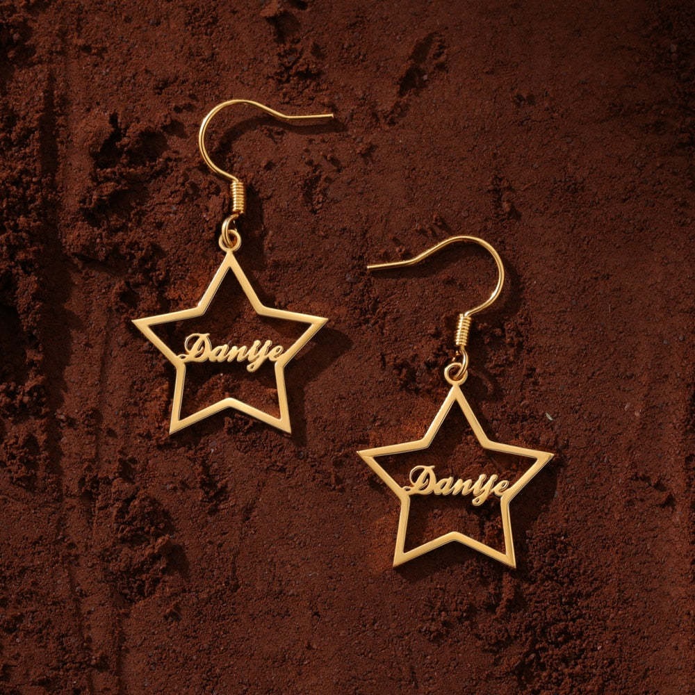 925 Sterling Silver Personalized Name Star Drop Dangle Earrings-Personalized Jewels