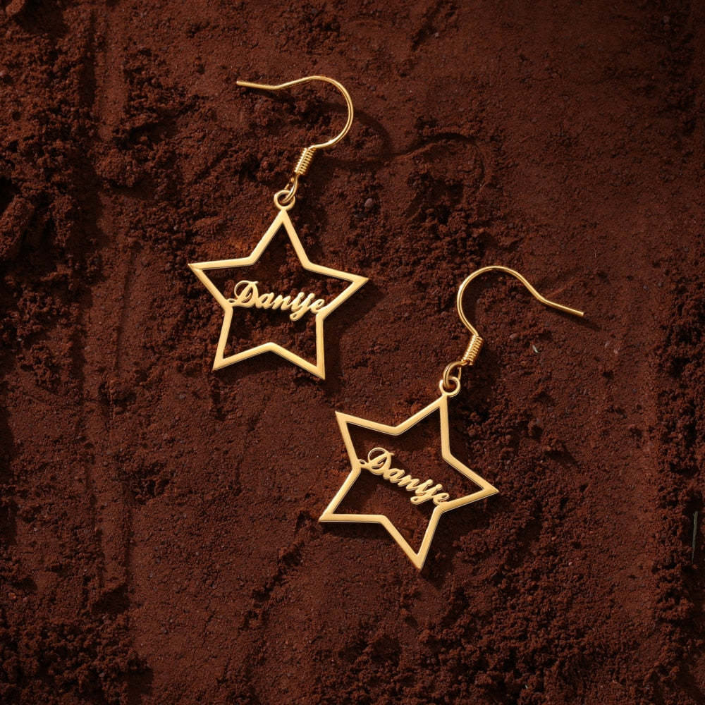 925 Sterling Silver Personalized Name Star Drop Dangle Earrings-Personalized Jewels