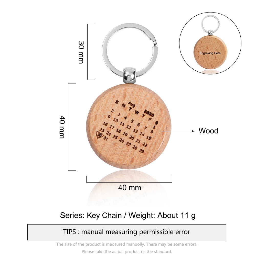 Personalized Calendar Highlighted Engraving Name & Date Wooden Keychain-Personalized Jewels