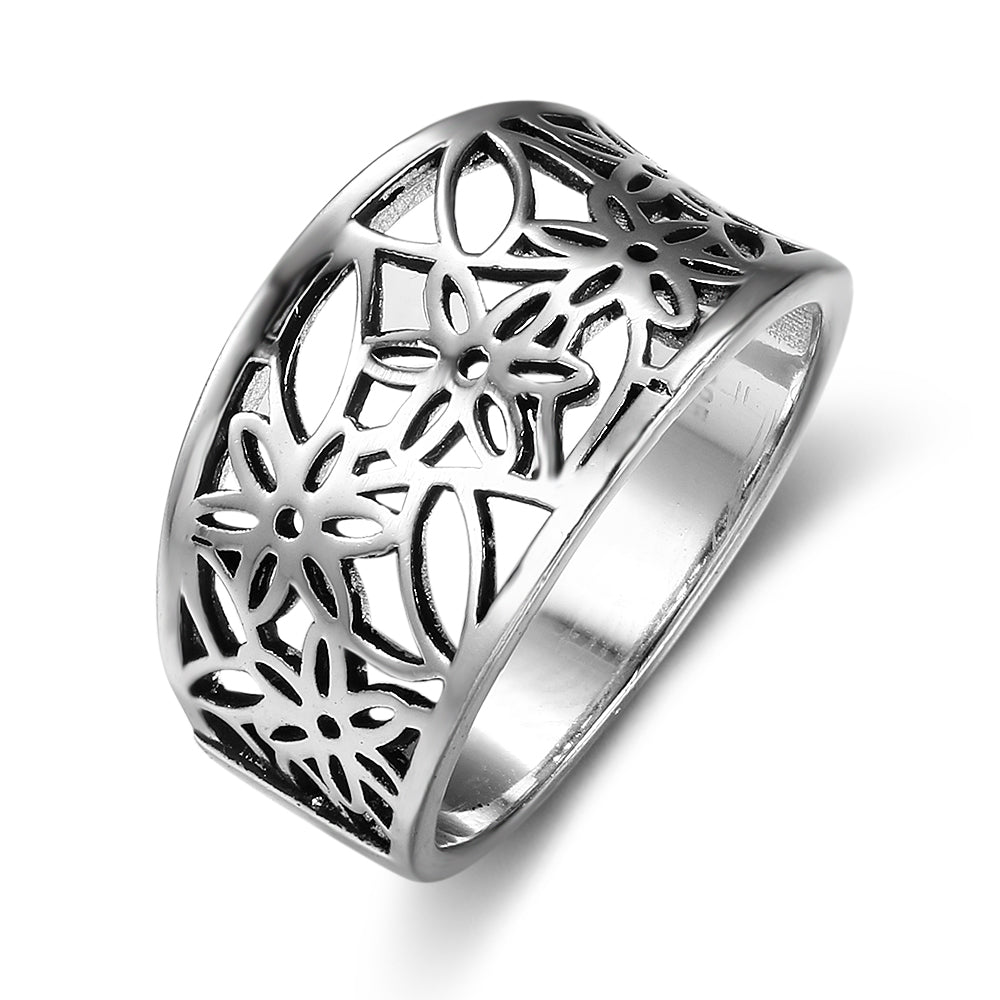 Customized Hollow Flower Pattern Silver Rings - Unique Design Silver Band - Flower Pattern Sterling Silver Band-Personalized Jewels