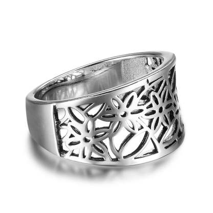 Customized Hollow Flower Pattern Silver Rings - Unique Design Silver Band - Flower Pattern Sterling Silver Band-Personalized Jewels
