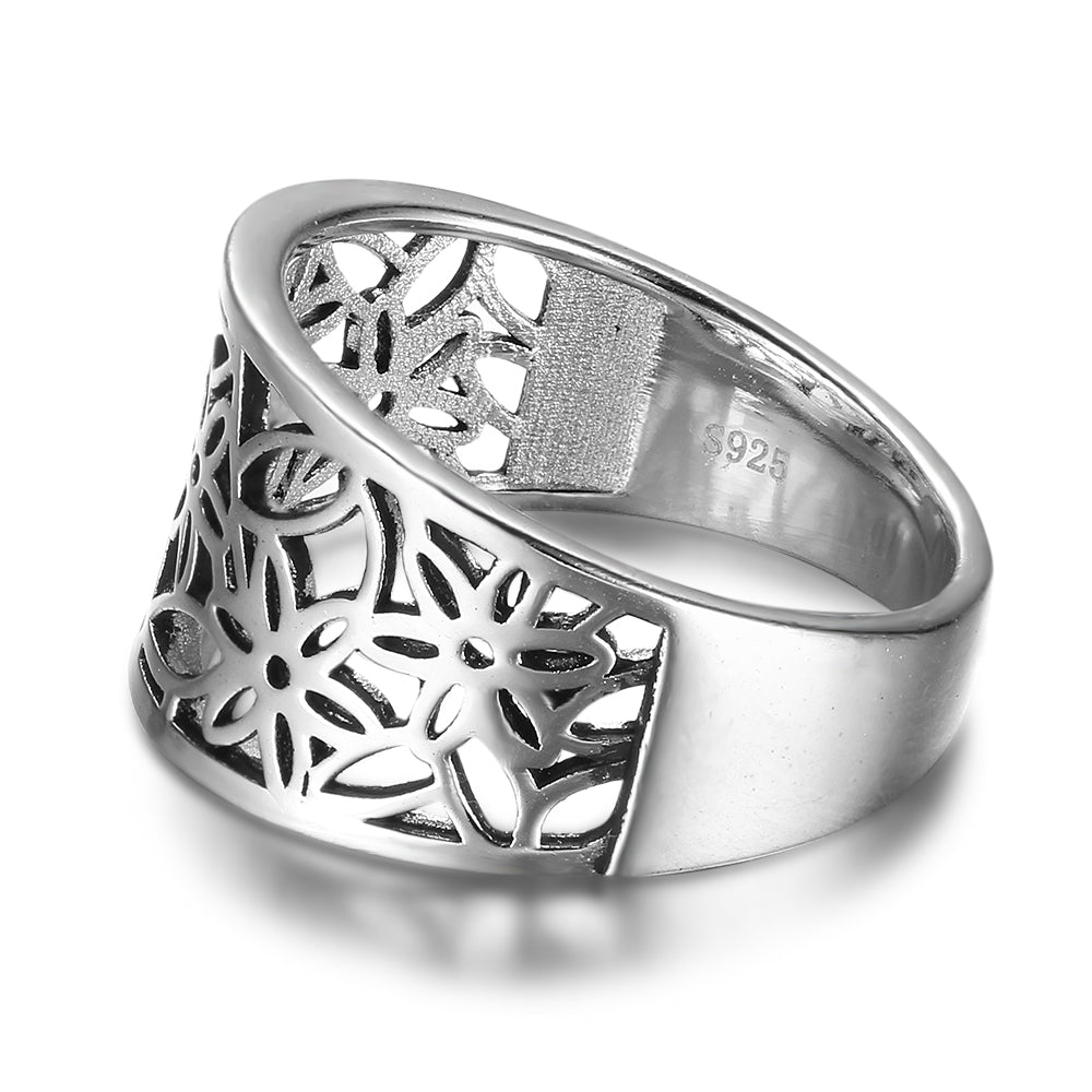 Customized Hollow Flower Pattern Silver Rings - Unique Design Silver Band - Flower Pattern Sterling Silver Band-Personalized Jewels