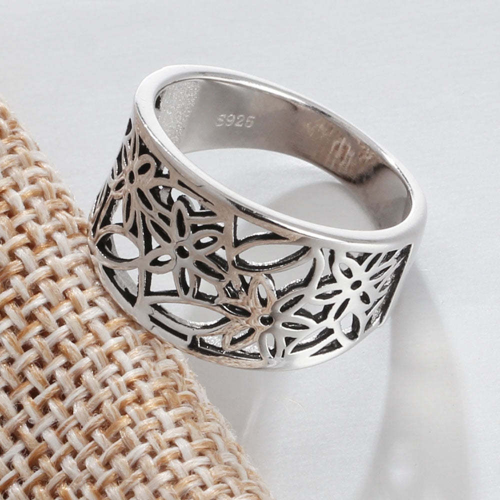 Customized Hollow Flower Pattern Silver Rings - Unique Design Silver Band - Flower Pattern Sterling Silver Band-Personalized Jewels