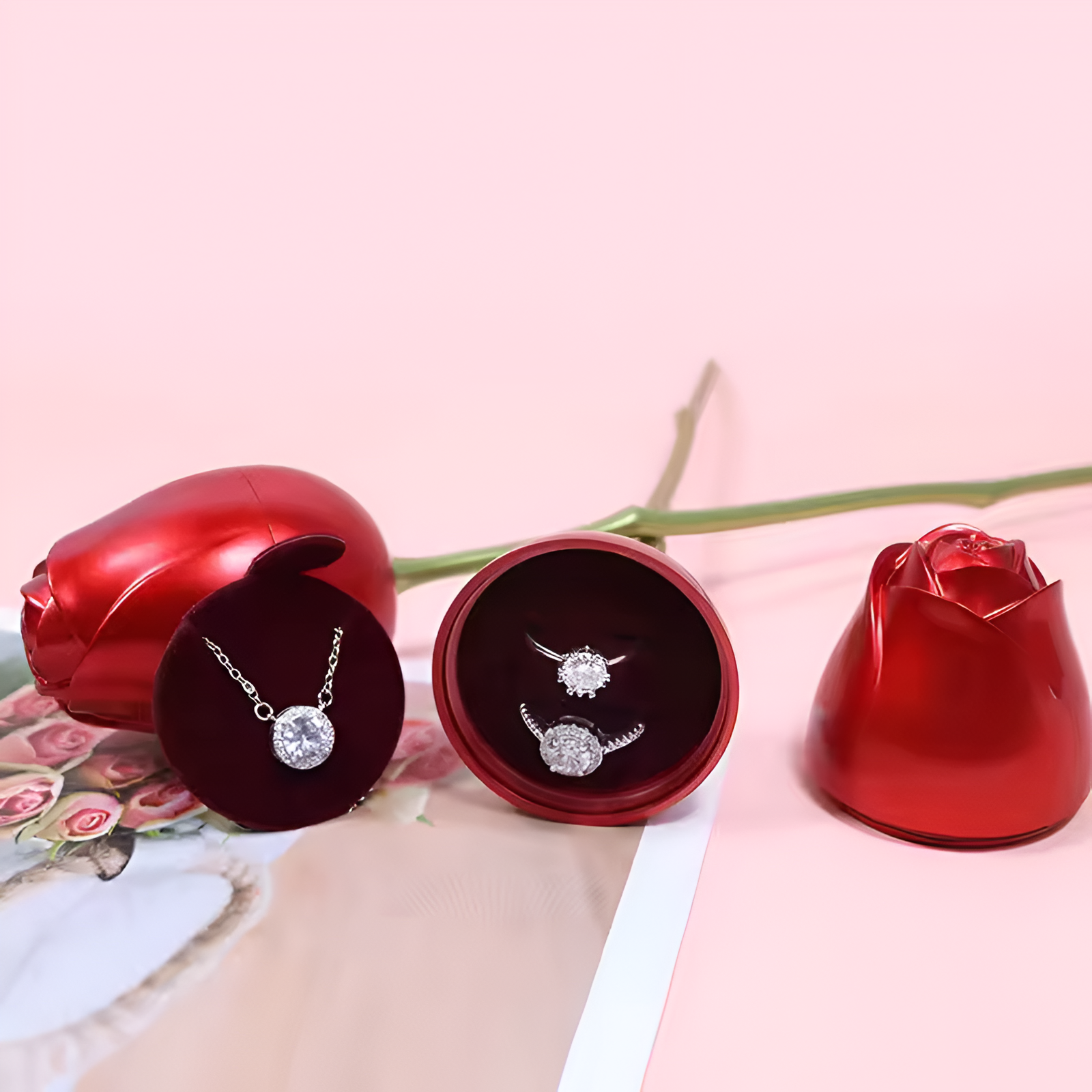 Elegant Pendant Necklace With Rose Flower Gift Box Jewelry Set For Women