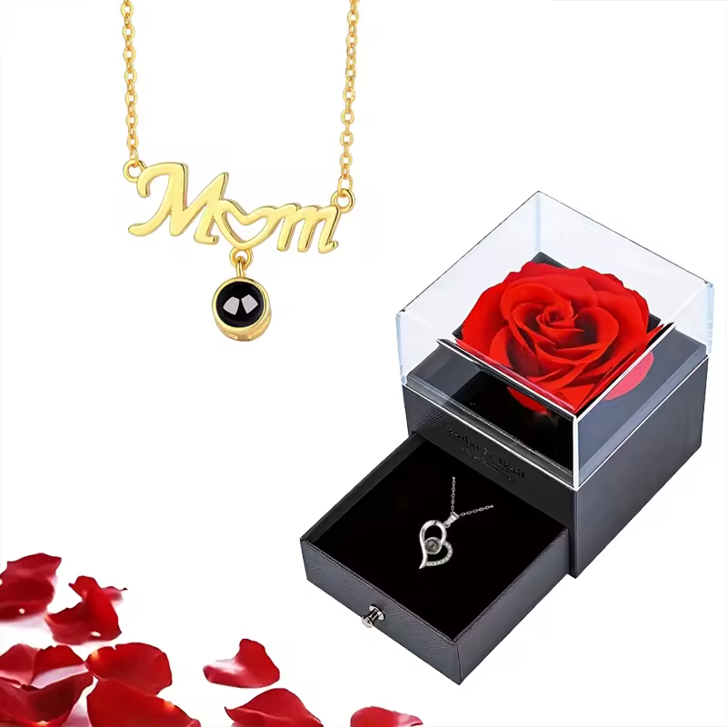 100 Languages Projection Necklace With Rose Gift Jewelry Box For Mom