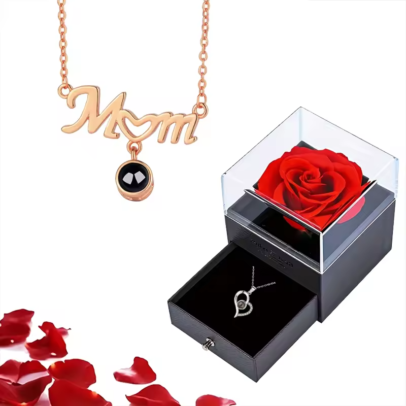 100 Languages Projection Necklace With Rose Gift Jewelry Box For Mom