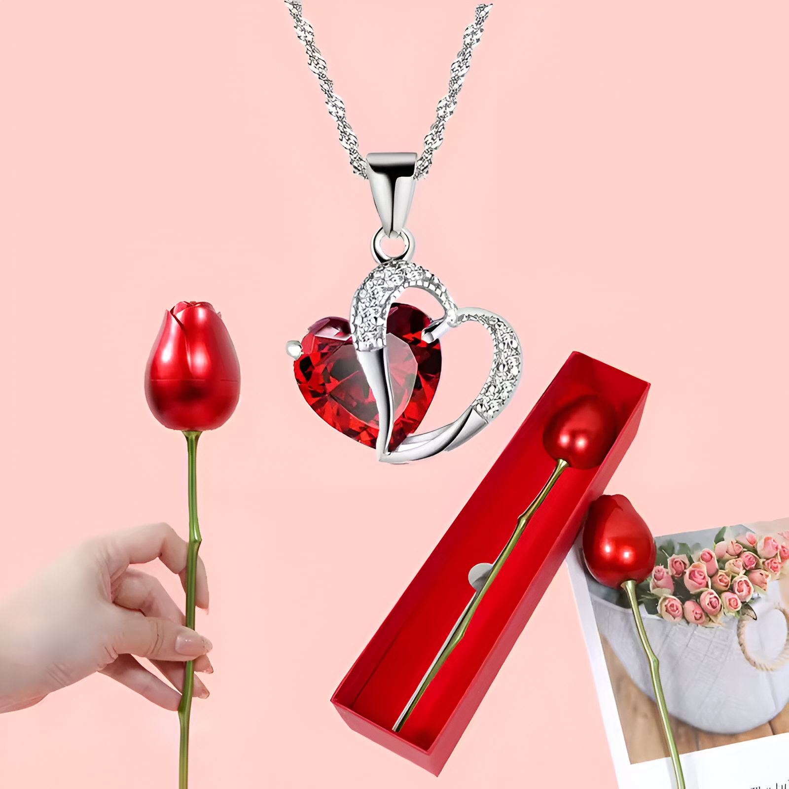 Elegant Pendant Necklace With Rose Flower Gift Box Jewelry Set For Women