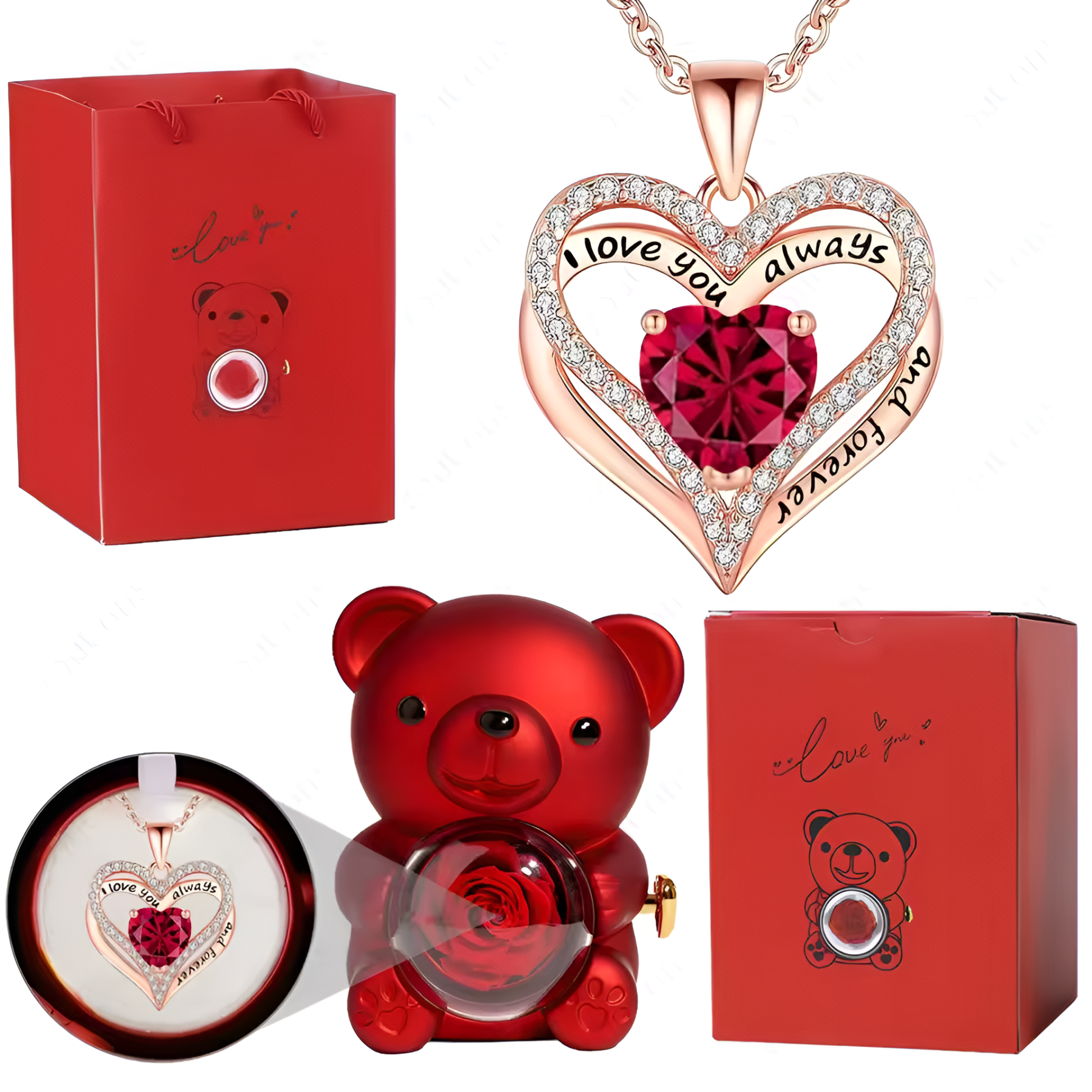 Elegant Crystal Pendant Necklace With Rose Bear Gift Box