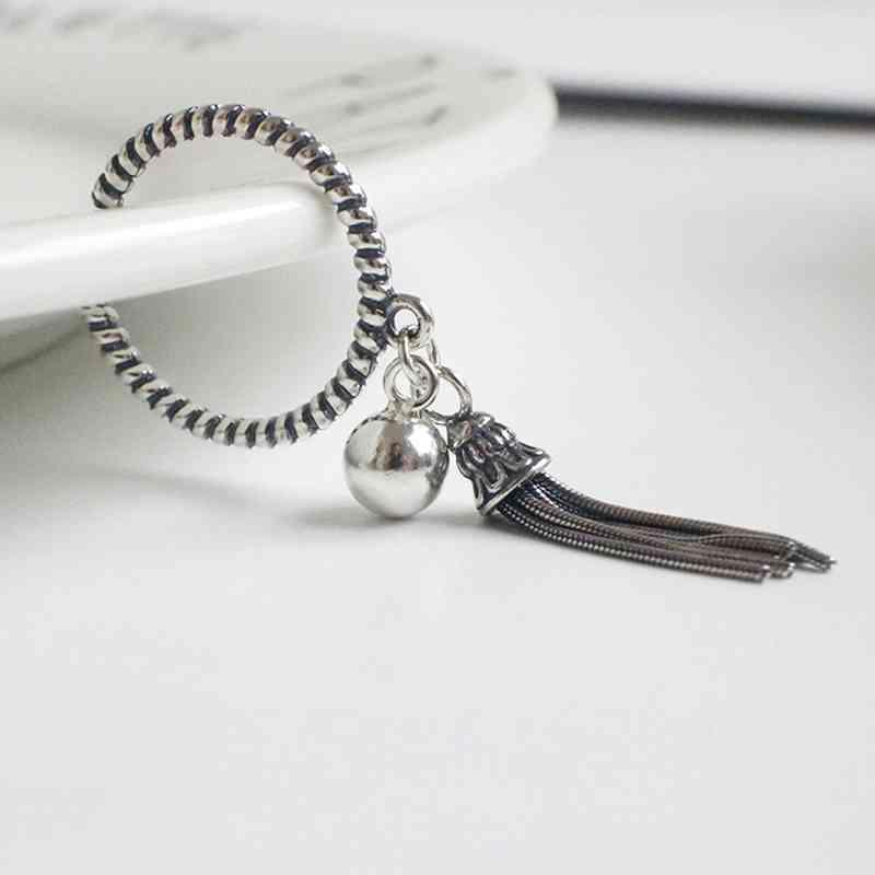 Real 925 Sterling Silver Old Twist Open Rings with Hanging Beads & Tassels for Women – Vintage Style Jewelry  - Personalized Jewel
