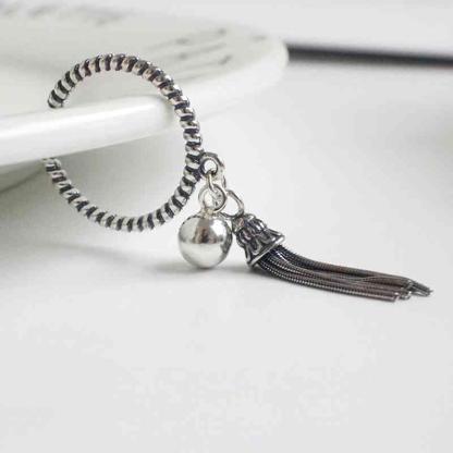 Real 925 Sterling Silver Old Twist Open Rings with Hanging Beads & Tassels for Women – Vintage Style Jewelry  - Personalized Jewel