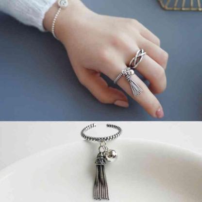 Real 925 Sterling Silver Old Twist Open Rings with Hanging Beads & Tassels for Women – Vintage Style Jewelry  - Personalized Jewel