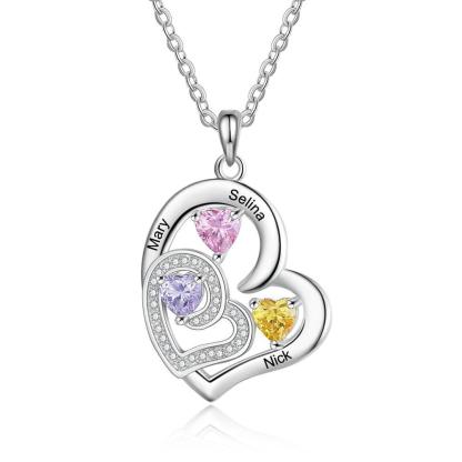 Romantic Custom Name Engraved Heart Pendant Necklace with 3 Birthstones Gift for Her - Personalized Jewel