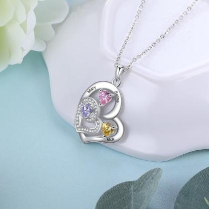Romantic Custom Name Engraved Heart Pendant Necklace with 3 Birthstones Gift for Her - Personalized Jewel