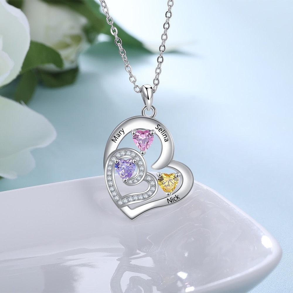 Romantic Custom Name Engraved Heart Pendant Necklace with 3 Birthstones Gift for Her - Personalized Jewel