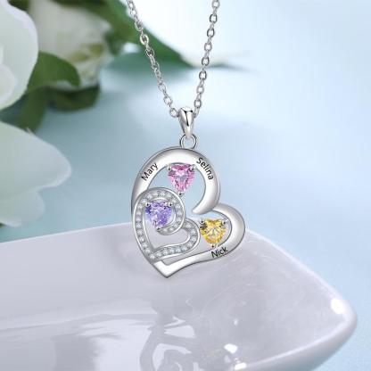 Romantic Custom Name Engraved Heart Pendant Necklace with 3 Birthstones Gift for Her - Personalized Jewel