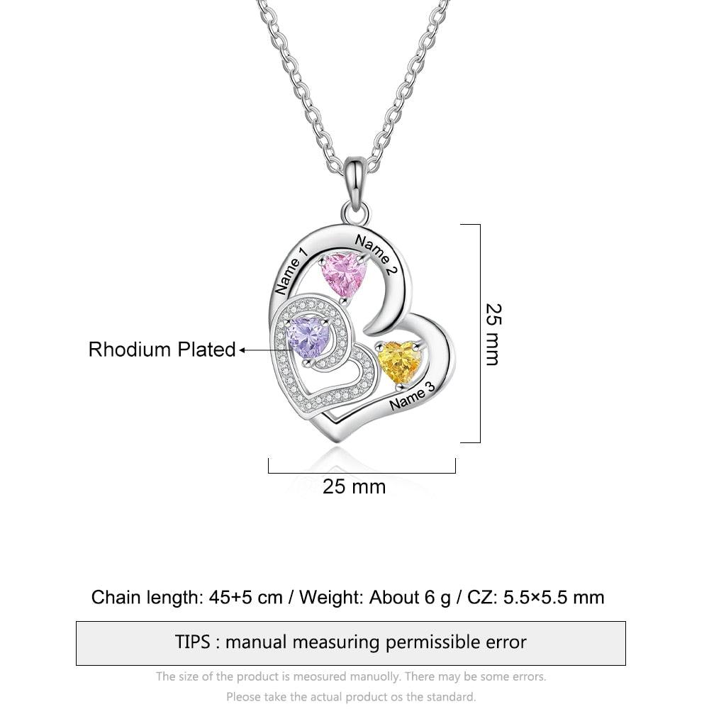 Romantic Custom Name Engraved Heart Pendant Necklace with 3 Birthstones Gift for Her - Personalized Jewel