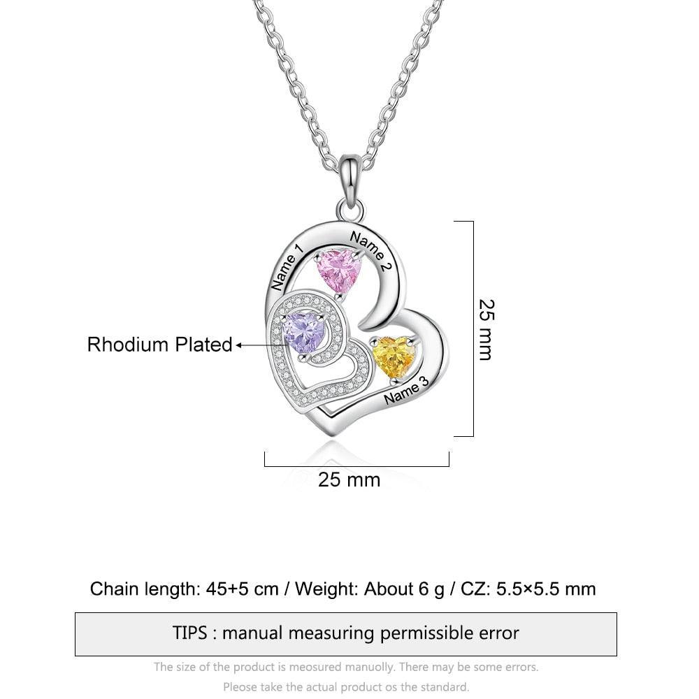 Romantic Custom Name Engraved Heart Pendant Necklace with 3 Birthstones Gift for Her - Personalized Jewel